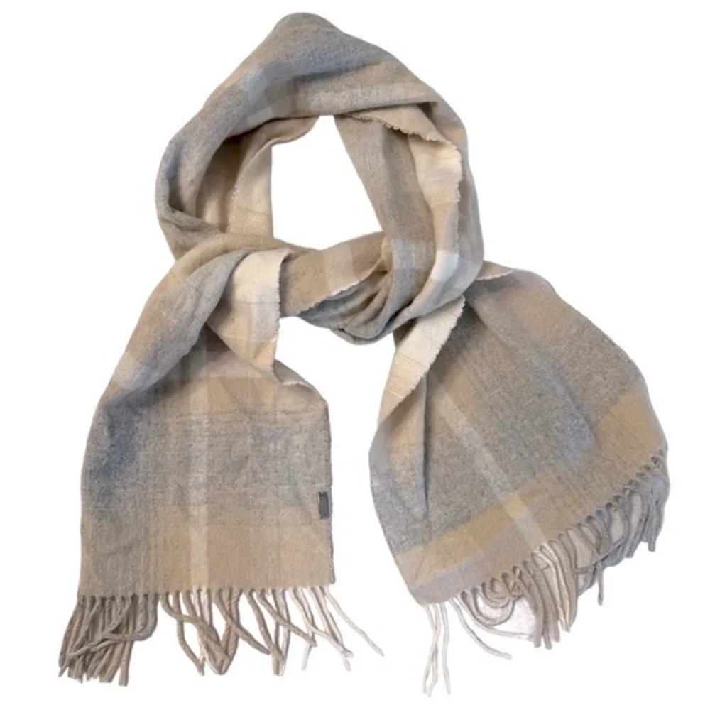 FRAAS Cashmere Plaid Scarf, tan, gray & cream